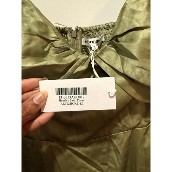Women's Reformation Hensley Satin Midi Dress in Artichoke Green, Size 12 - Picture 10 of 10